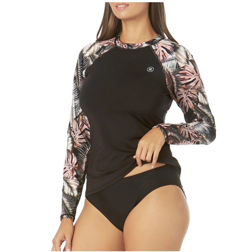 Hurley Women's Long Sleeve Rashguard Shirt Top Pull Over Brown Floral Medium NWT - Picture 2 of 9